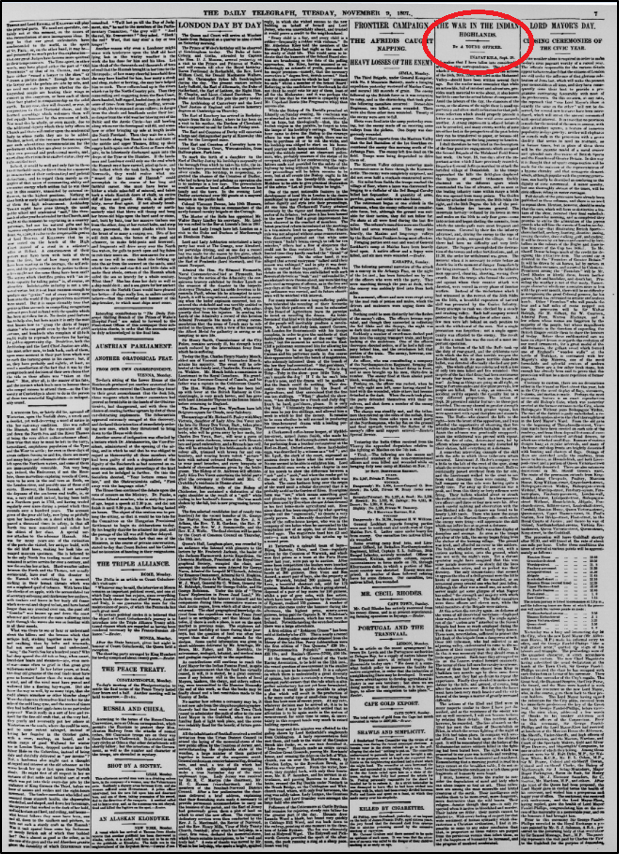 Full-page view of The Daily Telegraph, 9 November 1897; pg. 7. Churchill’s article is circled in red.