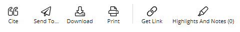 "Sticky" toolbar allowing users to cite, send, download, print, get link, or highlight and note research snippets