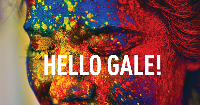 Face with multi-color paint splatters and 'Hello Gale!' text